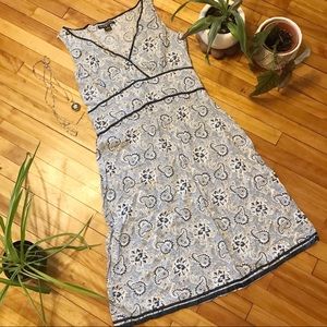 Paisley blue and white sundress with ribbon trim